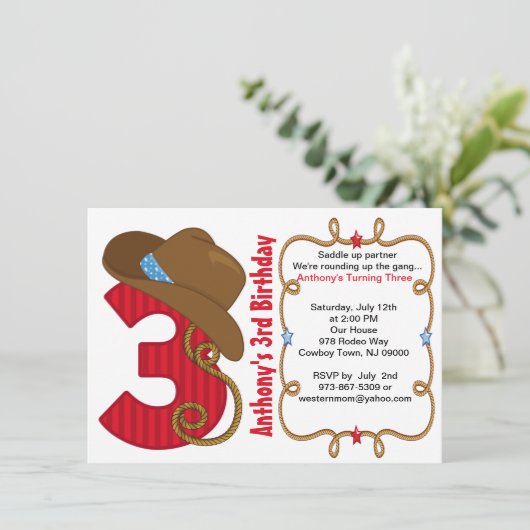 Westerne Big Three Boy Birthday Uitnodiging (Staand voorkant)