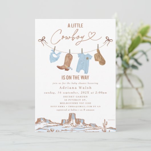 Westerne Blauwe Clothesline Little Cowboy Baby sho Kaart (Staand voorkant)