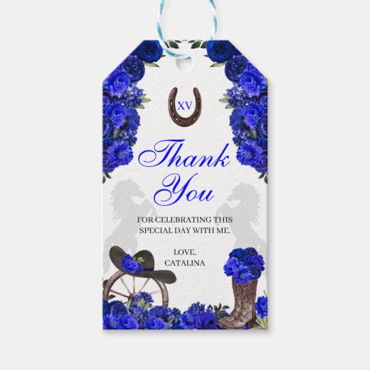 Westerne blauwe Rozen Ranchero Quinceanera Gift La Cadeaulabel (Voorkant)