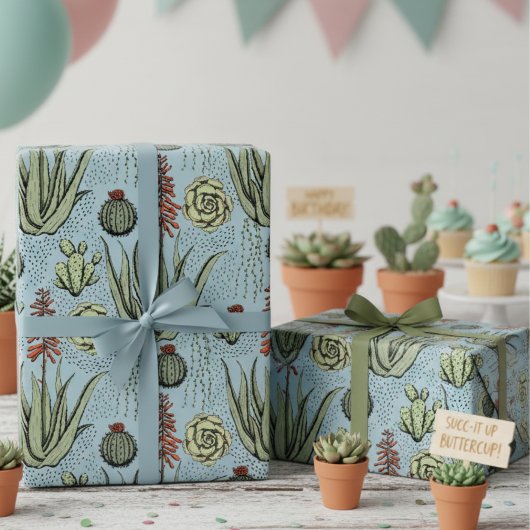 Westerne Blauwe Woestijncactussen en vetplanten Cadeaupapier