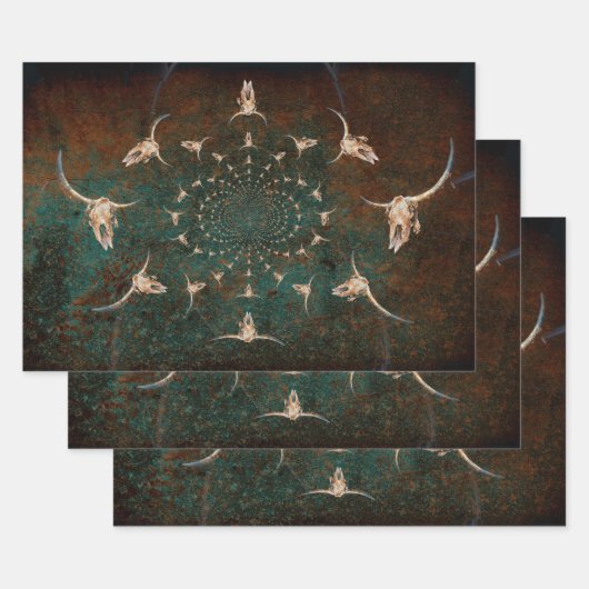 Westerne Blauwgroen textuur Bull Skull Inpakpapier Vel (Set)