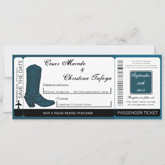 Westerne Blue Cowb Boarding Pass bruiloft uitnodig Kaart (Voorkant)