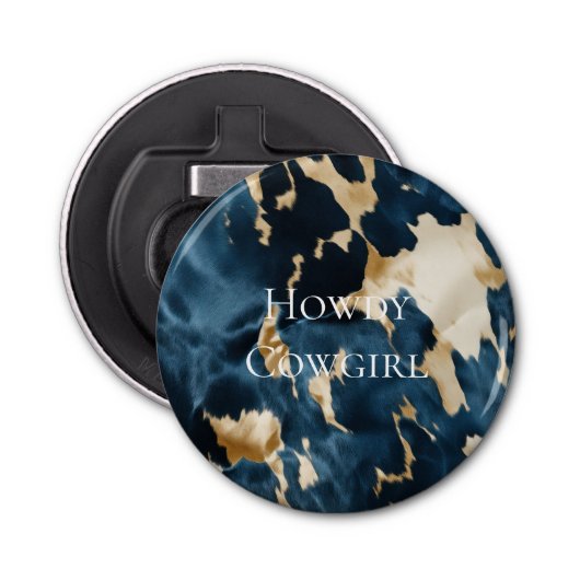 Westerne Blue Cream Gold Cowboy Cowgirl Koeienhuid Button Flesopener (Voorkant)