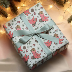 Westerne Blue Xmas Cowboy Boots, Pinecones Bessen Cadeaupapier