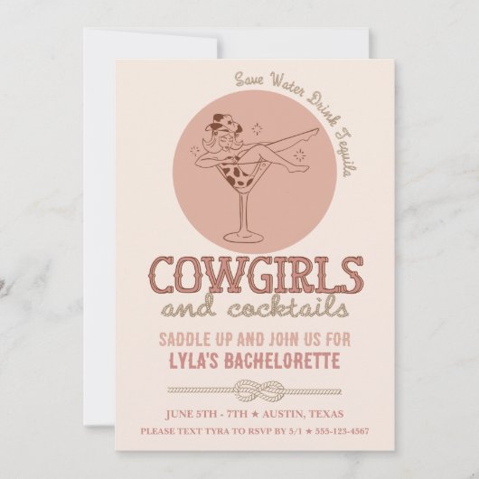Westerne Blush Cowgirls en cocktails Bachelorette Kaart (Voorkant)