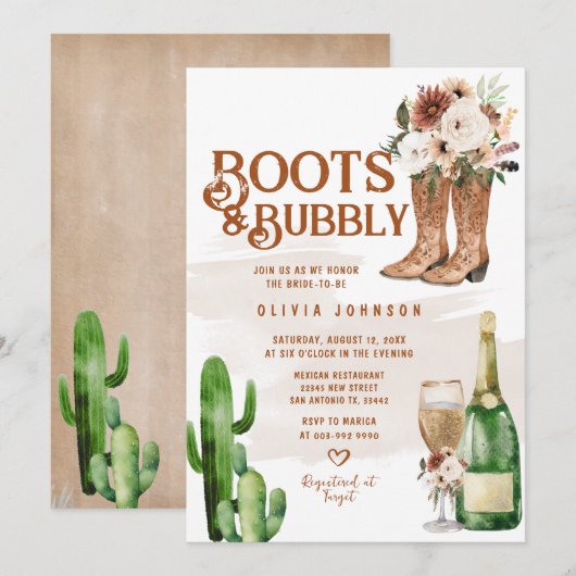 Westerne Boho Boots en Bubbly Vrijgezellenfeest Kaart (Voorkant / Achterkant)