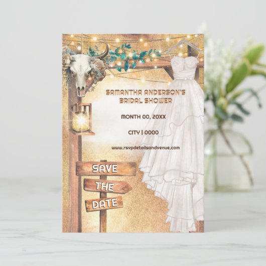 Westerne boho bruids jurk schedel bloemlichten kaart (Staand voorkant)