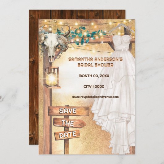 Westerne boho bruids jurk schedel bloemlichten kaart (Voorkant / Achterkant)