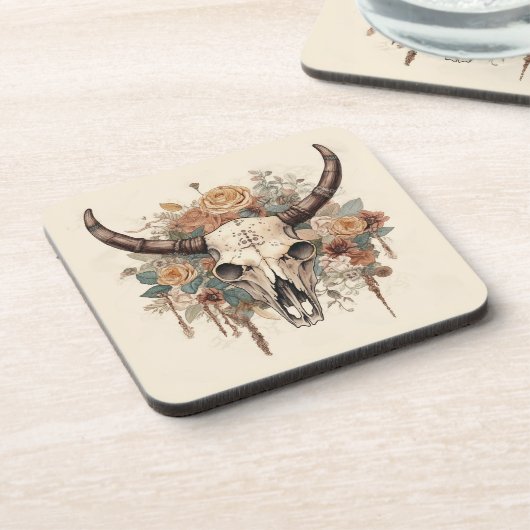Westerne Boho Bull Skull Floral Bier Onderzetter (Linkerzijde)