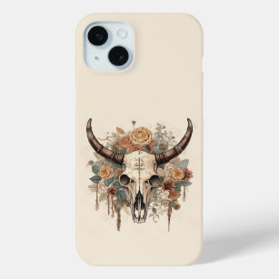 Westerne Boho Bull Skull Floral iPhone 15 Mini Hoesje
