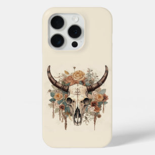 Westerne Boho Bull Skull Floral iPhone 15 Pro Case