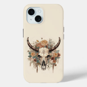 Westerne Boho Bull Skull Floral iPhone 15 Case