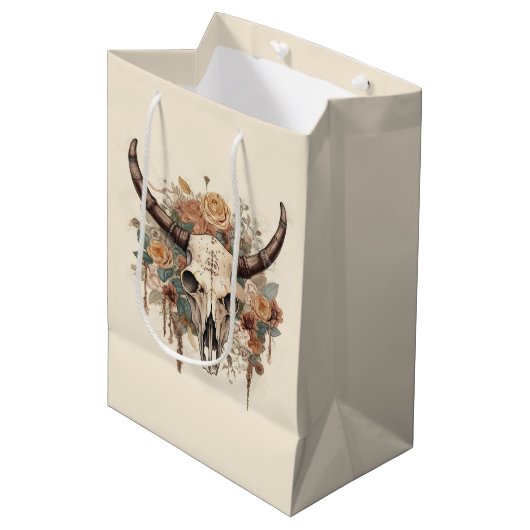 Westerne Boho Bull Skull Floral-ontkoppeling Medium Cadeauzakje (Voorkant Gekanteld)