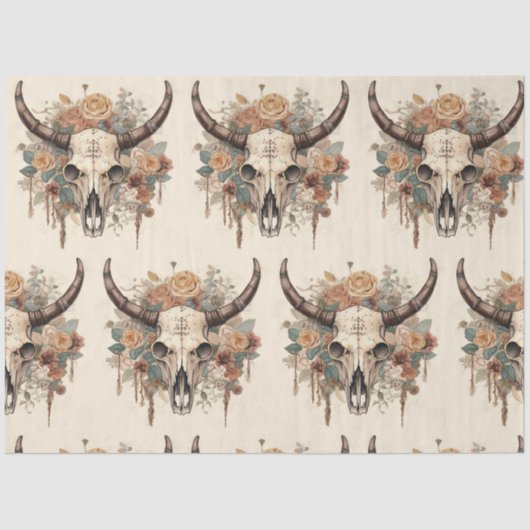 Westerne Boho Bull Skull Floral-ontkoppeling Tissuepapier (Voorkant)