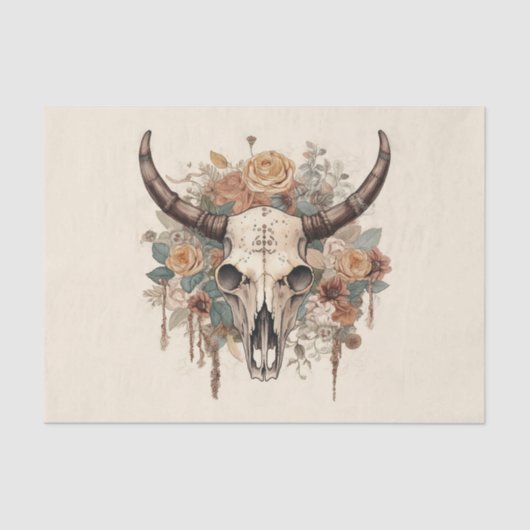 Westerne Boho Bull Skull Floral-ontkoppeling Tissuepapier (Voorkant)