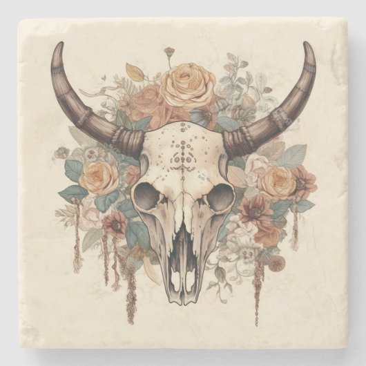 Westerne Boho Bull Skull Floral Stenen Onderzetter (Voorkant)