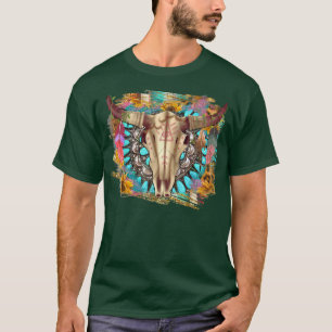 Westerne boho Bull Skull met Gemstone Turquoise Su T-shirt