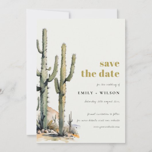 Westerne Boho Cacti woestijn Waterverf Landschap Save The Date (Voorkant)