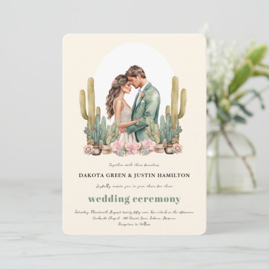 Westerne Boho Cactus Desert Alles in één bruiloft Kaart (Staand voorkant)