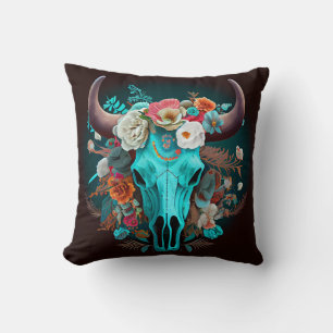 Westerne Boho Flowers Turquoise Koe Bull Skull Kussen