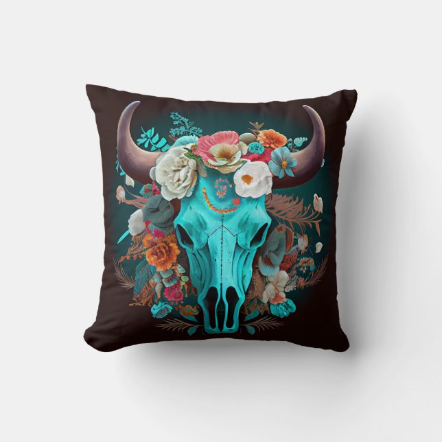 Westerne Boho Flowers Turquoise Koe Bull Skull Kussen (Voorkant)