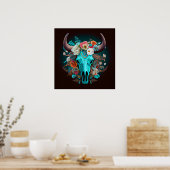 Westerne Boho Flowers Turquoise Koe Bull Skull Poster (Keuken)
