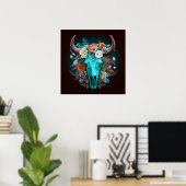 Westerne Boho Flowers Turquoise Koe Bull Skull Poster (Thuiskantoor)