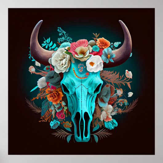 Westerne Boho Flowers Turquoise Koe Bull Skull Poster (Voorkant)