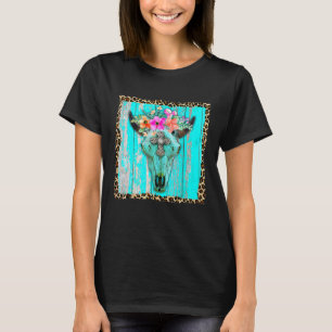 Westerne Boho Flowers Turquoise Koe Bull Skull Rod T-shirt