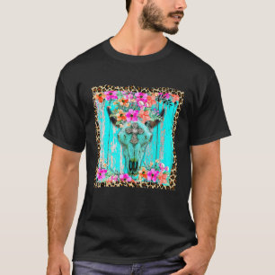 Westerne Boho Flowers Turquoise Koe Bull Skull Rod T-shirt