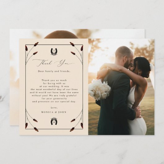 Westerne Boho Hoefijzer Monogram 2 Fotobruiloft Bedankkaart (Voorkant / Achterkant)