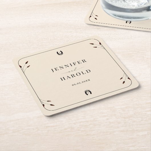 Westerne Boho Hoefijzer Monogram Rustiek Huwelijk Kartonnen Onderzetters (Schuin)