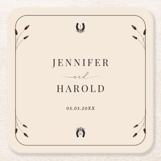 Westerne Boho Hoefijzer Monogram Rustiek Huwelijk Kartonnen Onderzetters (Voorkant)