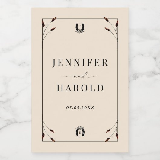 Westerne Boho Hoefijzer Monogram Rustiek Huwelijk Wijn Etiket (Enkel label)