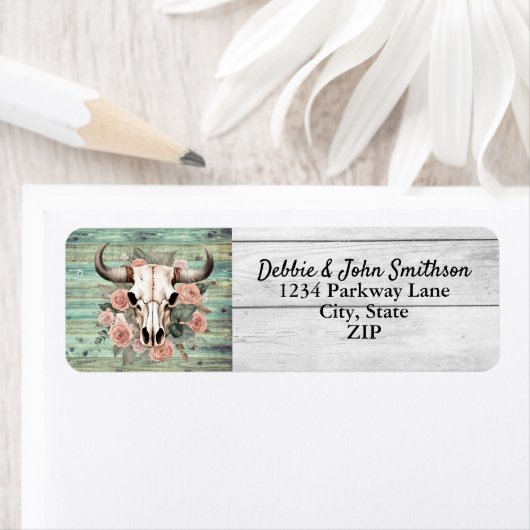 Westerne Boho Koe Floral Skull Sage Wedding Etiket (Insitu)