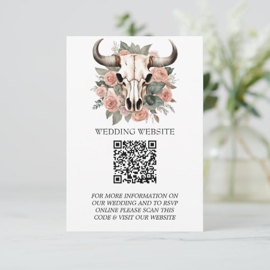 Westerne Boho Koe Floral Skull Sage Wedding Informatiekaartje (Staand voorkant)