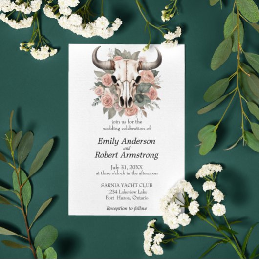 Westerne Boho Koe Floral Skull Sage Wedding Kaart
