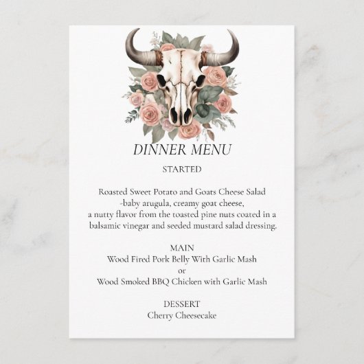 Westerne Boho Koe Floral Skull Sage Wedding Menu (Voorkant)