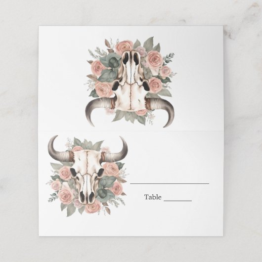 Westerne Boho Koe Floral Skull Sage Wedding Plaatskaartje (Buitenkant ongevouwen)