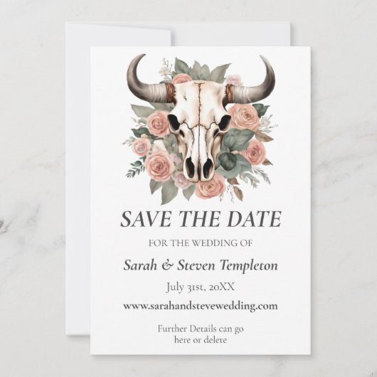 Westerne Boho Koe Floral Skull Sage Wedding Save The Date (Voorkant)