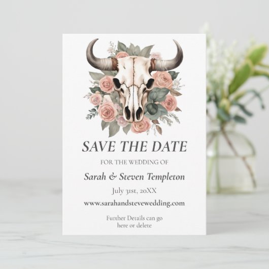 Westerne Boho Koe Floral Skull Sage Wedding Save The Date (Staand voorkant)