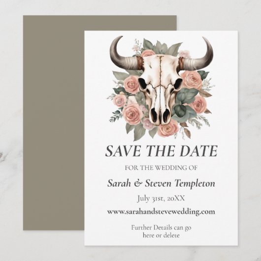 Westerne Boho Koe Floral Skull Sage Wedding Save The Date (Voorkant / Achterkant)