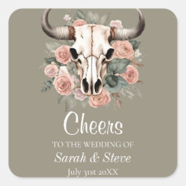 Westerne Boho Koe Floral Skull Sage Wedding Vierkante Sticker