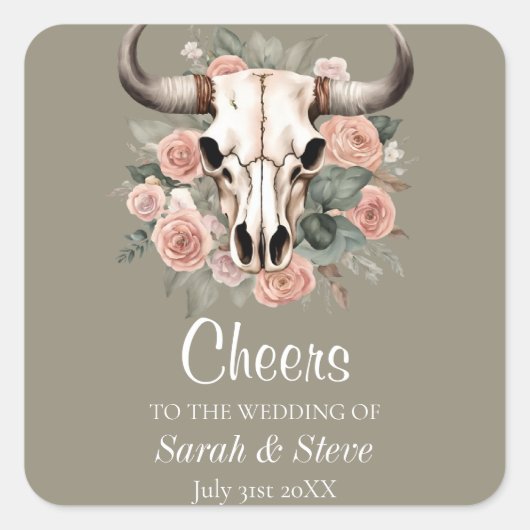Westerne Boho Koe Floral Skull Sage Wedding Vierkante Sticker (Voorkant)