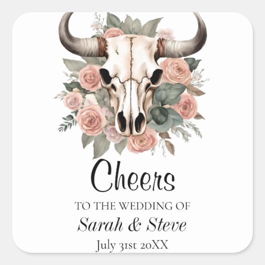 Westerne Boho Koe Floral Skull Sage Wedding Vierkante Sticker (Voorkant)