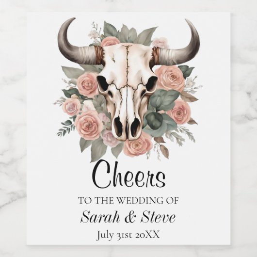 Westerne Boho Koe Floral Skull Sage Wedding Wijn Etiket (Enkel label)