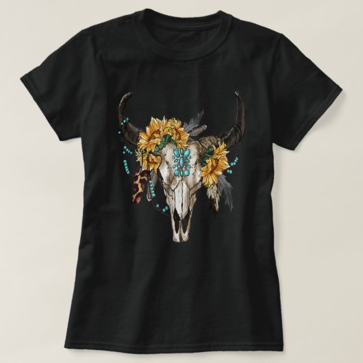 Westerne Boho Sunflower Turquoise Koe Bull Skull T-shirt (Design voorkant)