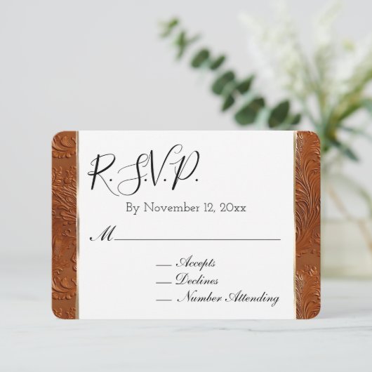 Westerne Boho Tan Brown Cowgirl Leaf Wedding RSVP Informatiekaartje (Staand voorkant)