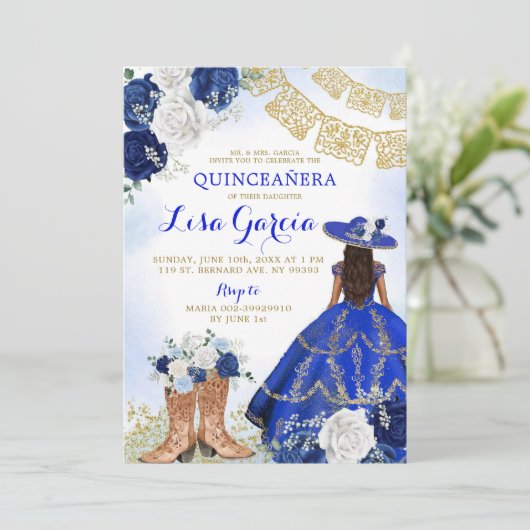 Westerne Boot Royal Blue Roos Mis Quince Uitnodigi Kaart (Staand voorkant)