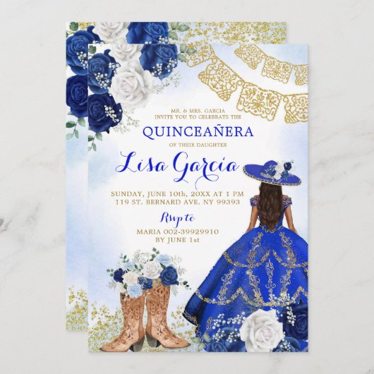 Westerne Boot Royal Blue Roos Mis Quince Uitnodigi Kaart (Voorkant / Achterkant)